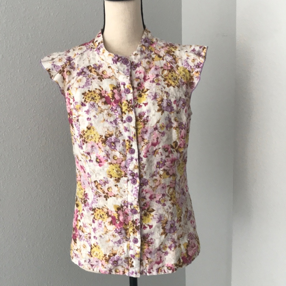 DELIRIUM Women Buttons Down Raffle Sleeveless Cotton Spring Floral Print Top| 30